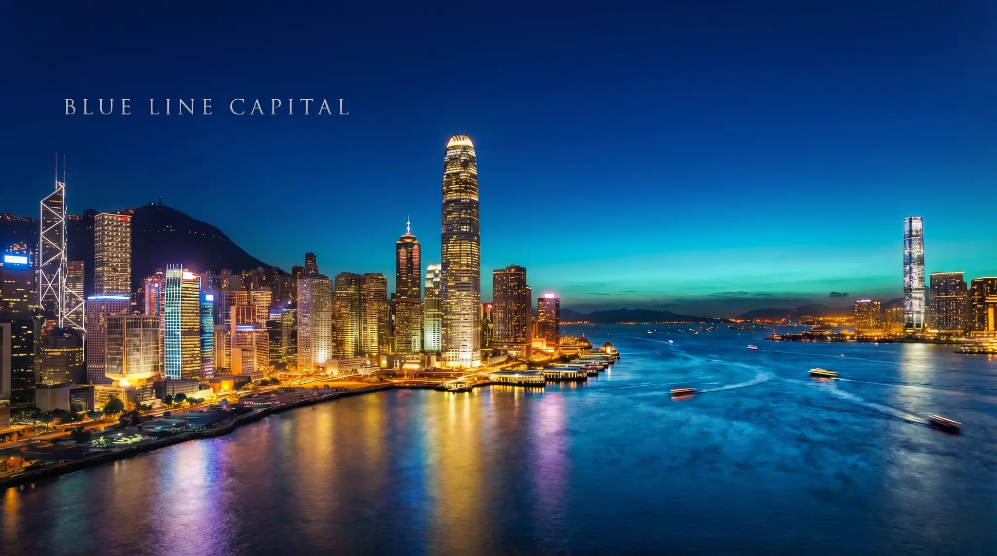 Hong Kong harbour skyline at blue hour